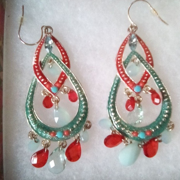 Bohemian Teardrop Earrings Red Green Blue Beaded Chandelier Dangle - Picture 2 of 6